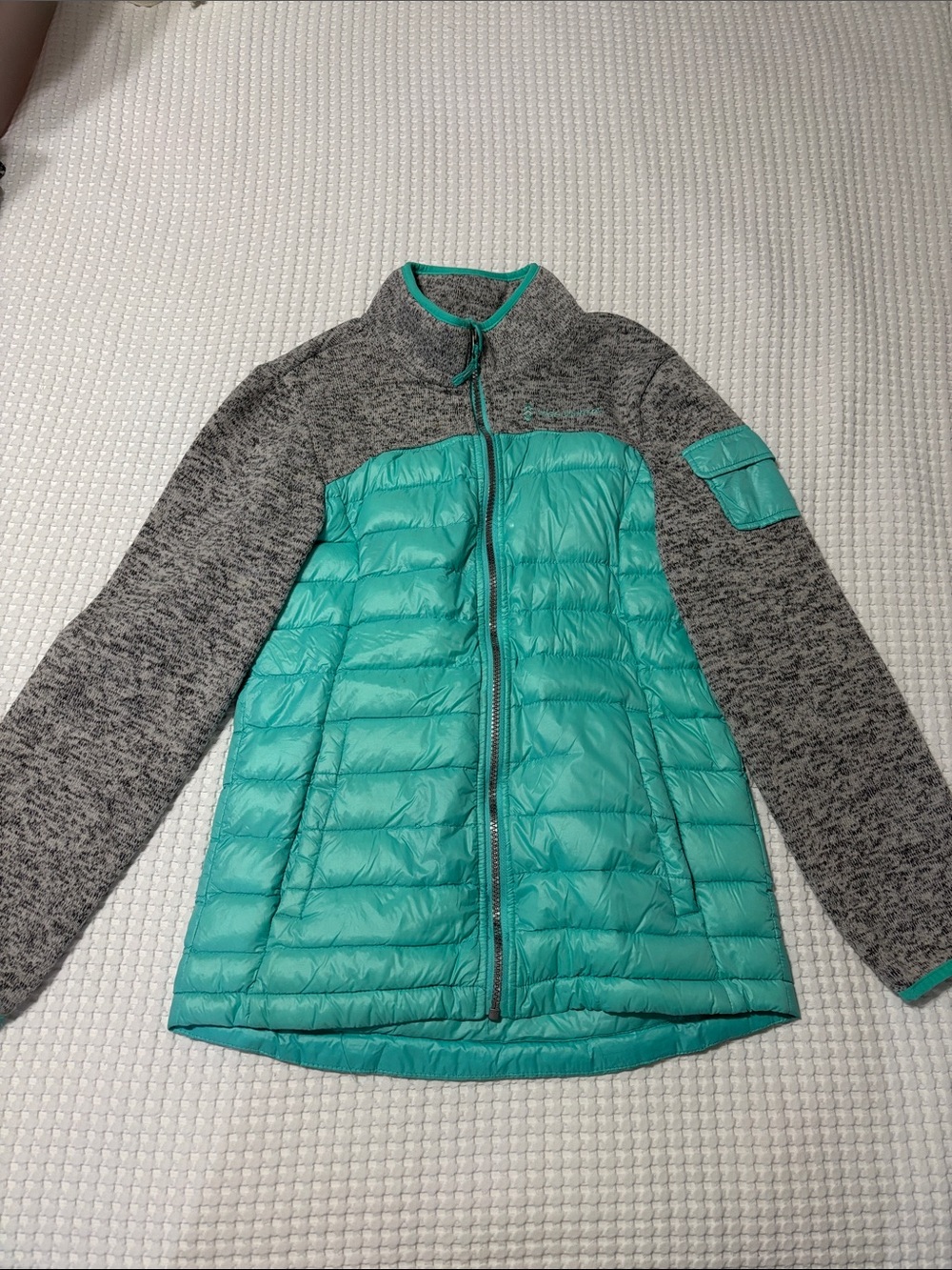 Free Country Teal Hybrid Puffer Jacket with Gray Knit Sleeves